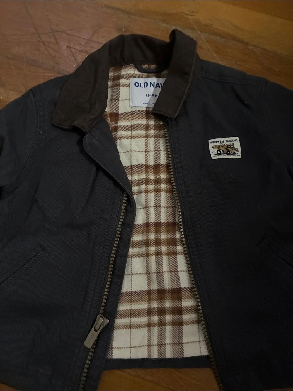 Old Navy Men's Dark Brown Canvas Field Jacket with Plaid Lining